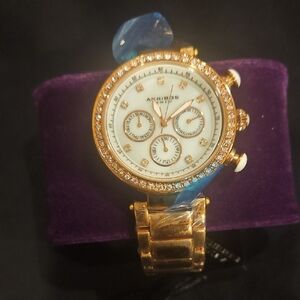 Akribos XXIV Gold Watch with White Dial and Crystal Accents